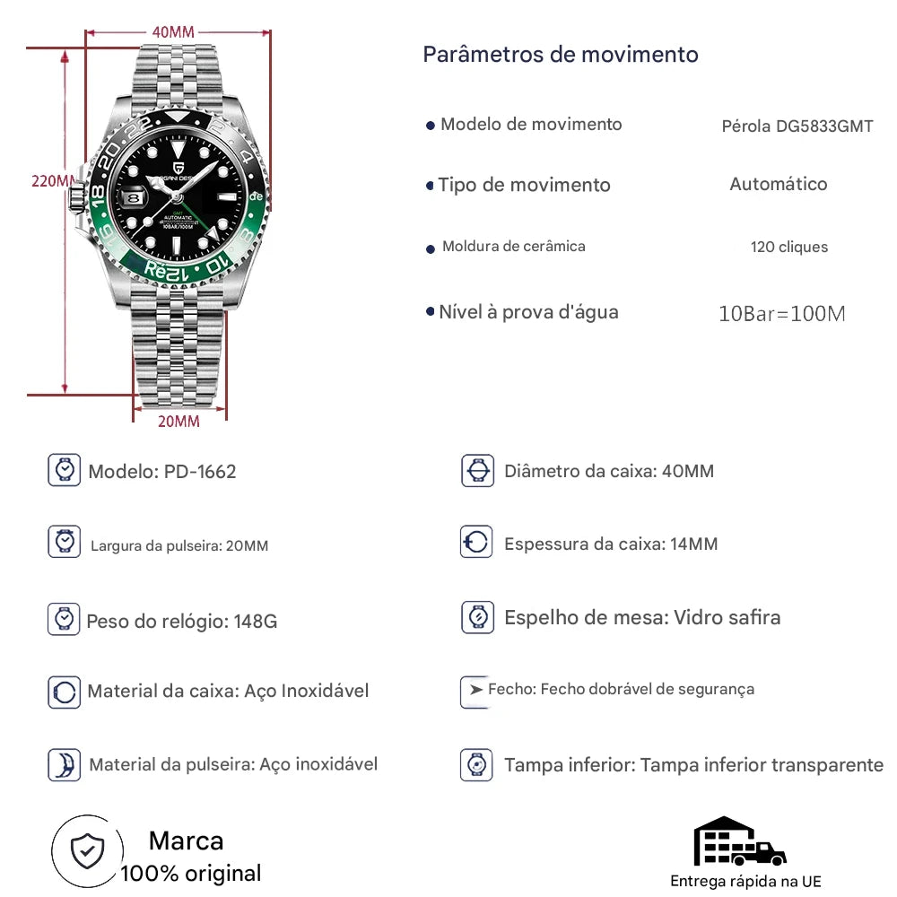 Relógio PAGANI DESIGN PD-1662 GMT Automático Masculino | Luxo Acessível