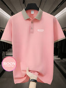 Stylish Comfort] Men's Pink ROOS Golf & Tennis Shirt - Breathable Polyester, Casual Summer Wear with Contrast Collar and Button Detail.