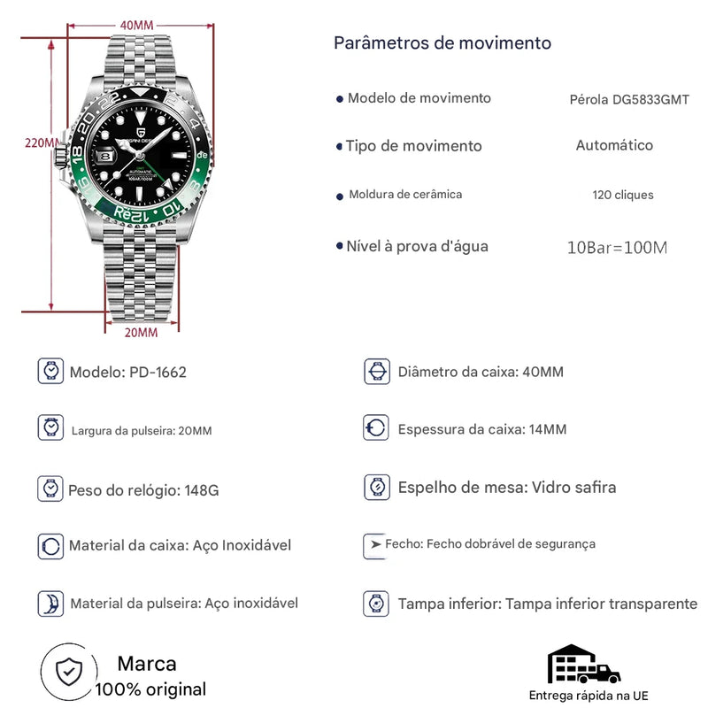 Relógio PAGANI DESIGN PD-1662 GMT Automático Masculino | Luxo Acessível