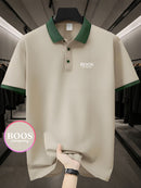 Stylish Comfort] Men's Pink ROOS Golf & Tennis Shirt - Breathable Polyester, Casual Summer Wear with Contrast Collar and Button Detail, Breathable Sportswear|Classic Design|Durable Sportswear, Golf Clothes.