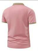 Stylish Comfort] Men's Pink ROOS Golf & Tennis Shirt - Breathable Polyester, Casual Summer Wear with Contrast Collar and Button Detail, Breathable Sportswear|Classic Design|Durable Sportswear, Golf Clothes