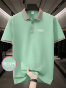 Stylish Comfort] Men's Pink ROOS Golf & Tennis Shirt - Breathable Polyester, Casual Summer Wear with Contrast Collar and Button Detail, Breathable Sportswear|Classic Design|Durable Sportswear, Golf Clothes.